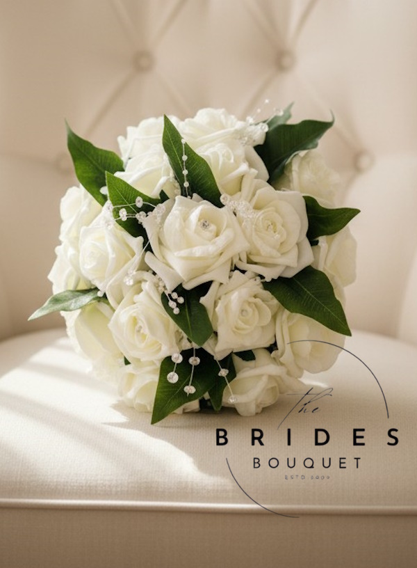 artificial rose bridesmaids bouquets with crystal and pearl stems and foliage