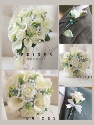 artificial wedding flower package bride small tear bouquet 2 bridesmaids roses calla lily gypsophila and foliage