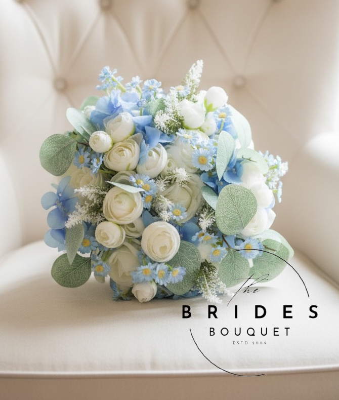 blue daisy silk wedding bouquet with ranunculus and foliage ready to ship