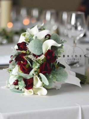 deep red burgundy silk flower winter wedding bouquet christmas bridal flowers ready to ship