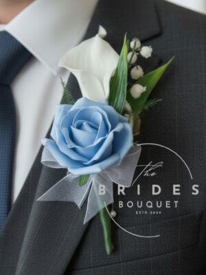 Grooms and guest rose buttonhole with faux rose, calla lily and lily of the valley, personalised ribbon