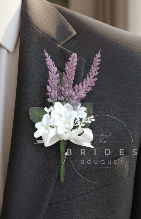 scottish wedding heather and gypsophila buttonholes guest or grooms corsage dusky pink heathers