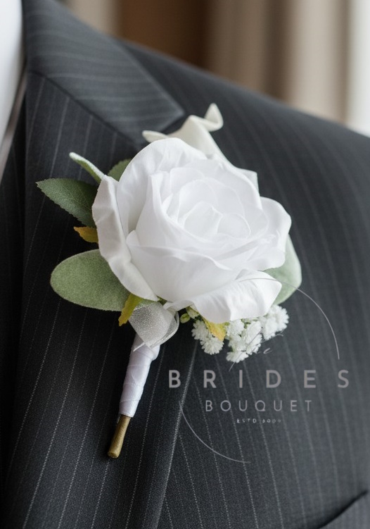 silk rose wedding buttonhole with calla lily and gyp corsage for groom