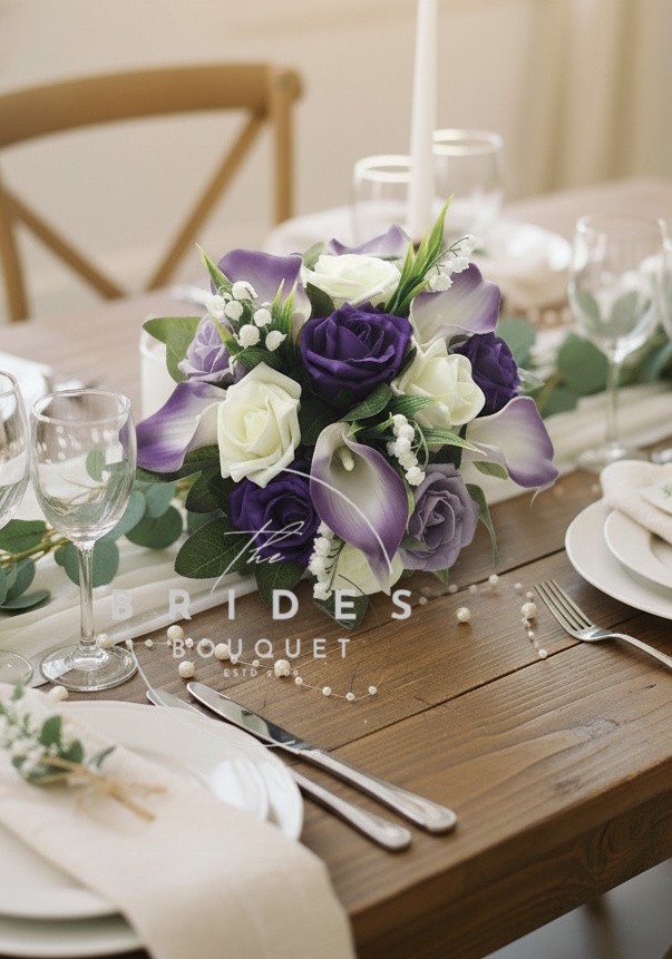 wedding table faux flower arrangements roses calla lily and lily of the valley