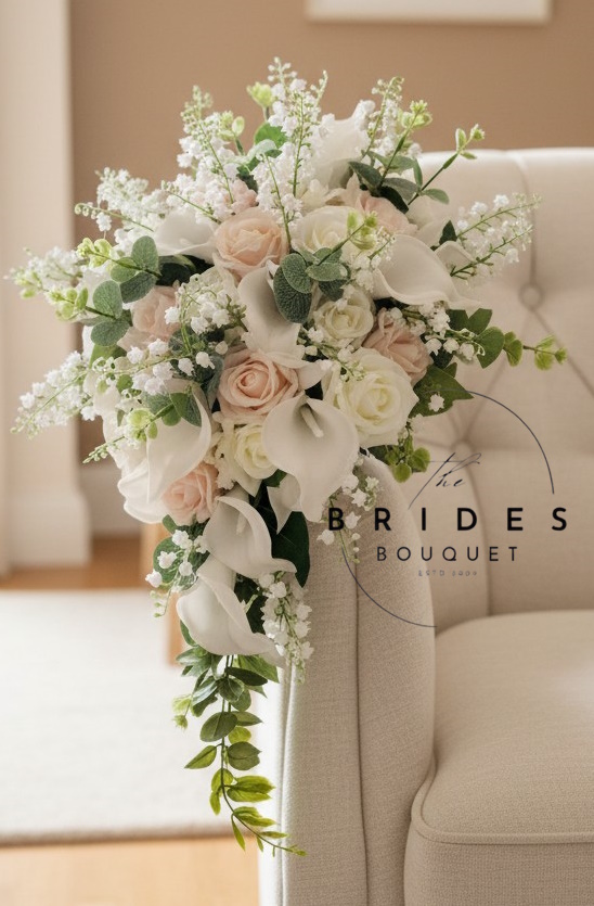 bridal tear bouquet of any colour faux roses with lily of the valley and eucalyptus artificial wedding flowers cascade