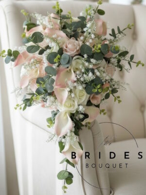 Realistic rose calla lily and lily of the valley teardrop bridal bouquet with eucalyptus