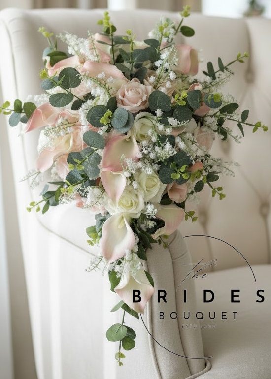 cascading bouquet of artificial roses lily of the valley and eucalyptus any colours Realistic rose calla lily and lily of the valley teardrop bridal bouquet with eucalyptus