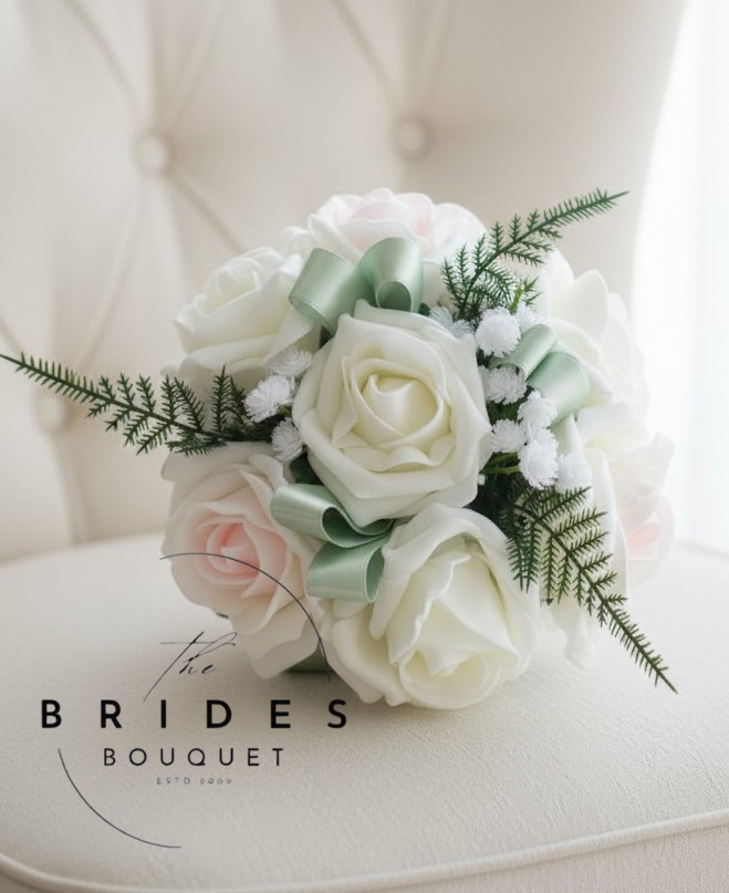 flower girl rose wedding bouquets roses fern ribbon twists gypsophila any colours Flower girl bouquet with ribbon twists, artificial roses, gypsophila and fern leaves in your chosen colours