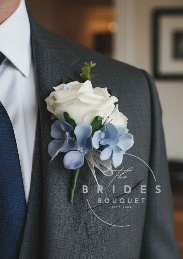 grooms buttonhole with artificial and silk rose and hydrangea country garden wedding flowers