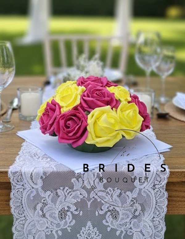 hot pink and yellow rose table arrangement wedding guest flowers artificial