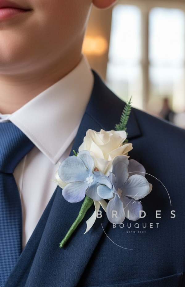 page boy buttonhole rosebud hydrangea country garden style design