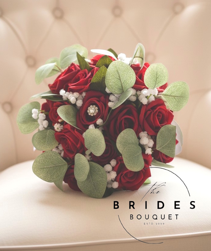 red silk rose wedding bouquet ready to ship brides flowers with eucalyptus and gyp