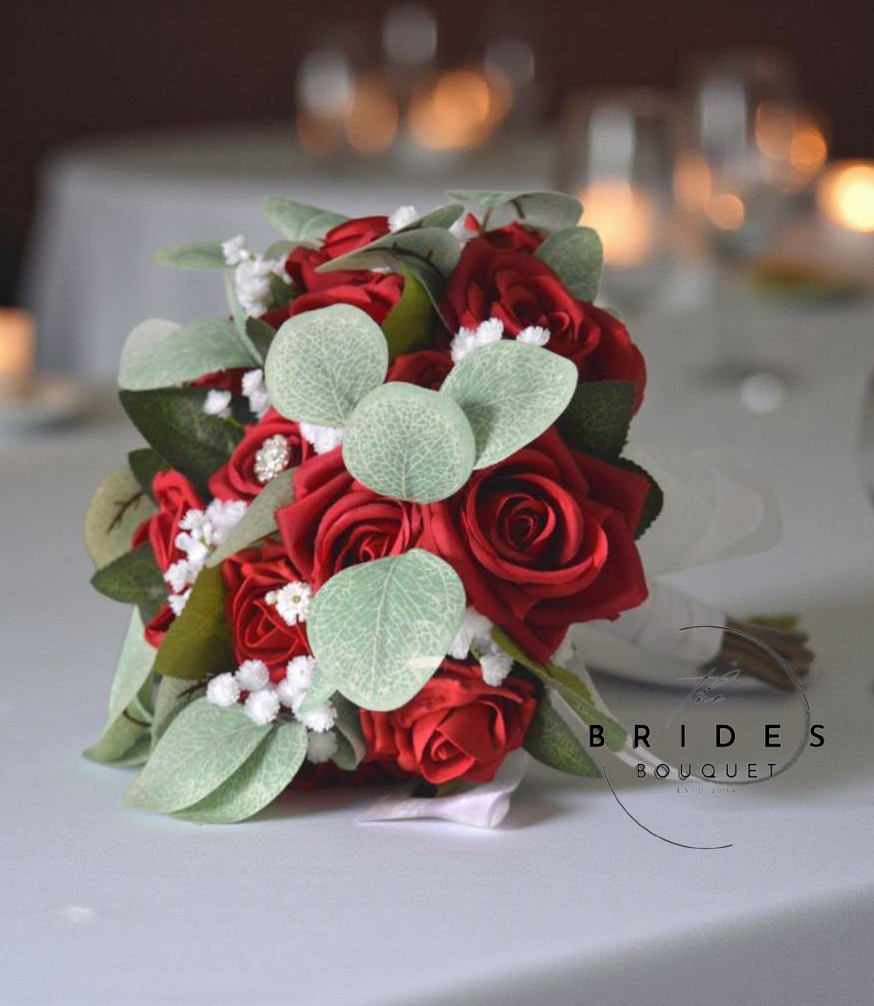 red silk rose winter wedding bouquet with pearls and eucalyptus ready to ship brides flowers uk