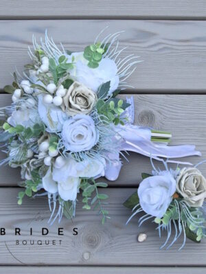 winter bridal bouquet in white and silver tones with mistletoe and foliage modern design ready to ship