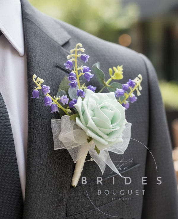 artificial rose and bluebell wedding buttonholes grooms corsage