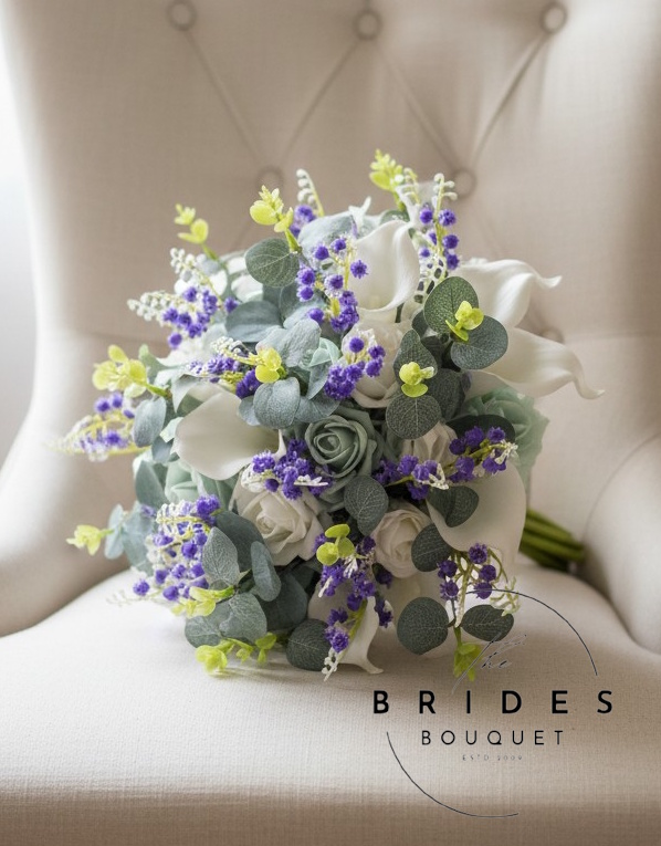 bridal bouquet of artificial flowers bluebells roses calla lily eucalyptys any colorus