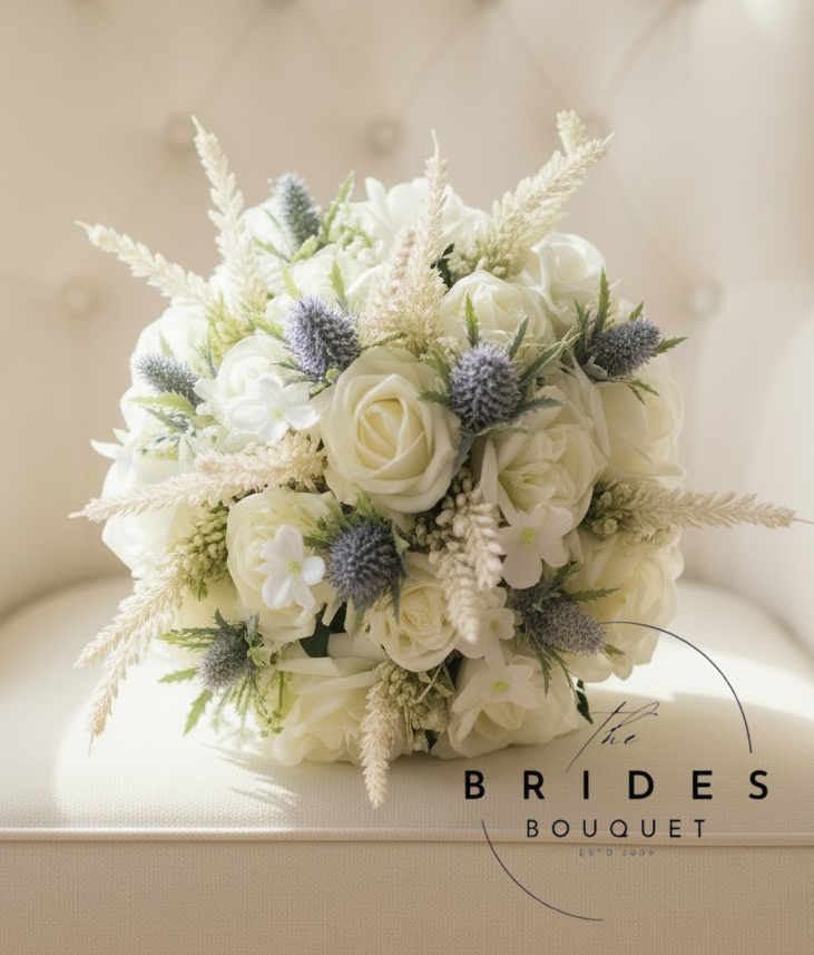 bridesmaid size bouquet of artificial roses thistle and heather blue and ivory version