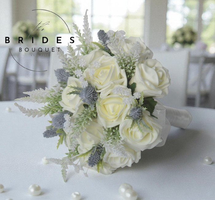 bridesmaid thistle and rose wedding bouquet with heather