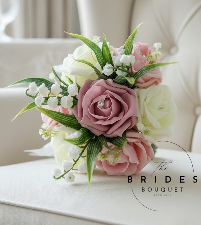flower girl rose bouquet with pink roses lily of the valley and gypsophila
