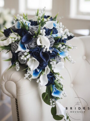 Tri colour calla lily wedding bouquet with roses and lily of the valley artificial teardrop bouquet