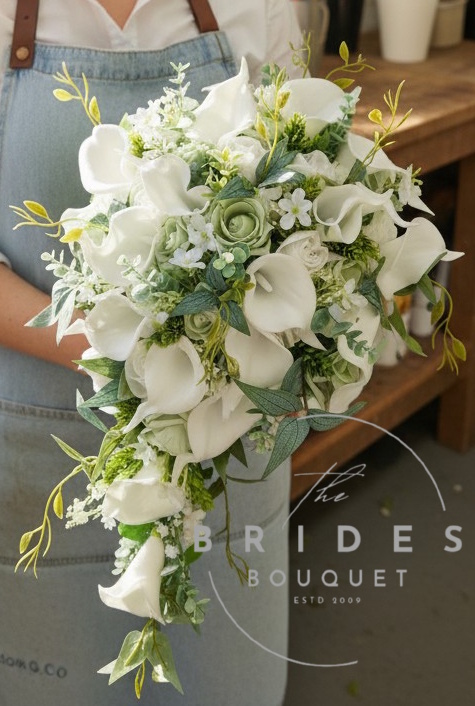 florists choice bridal tear bouquet of artificial flowers in white and sage green flowers and foliage