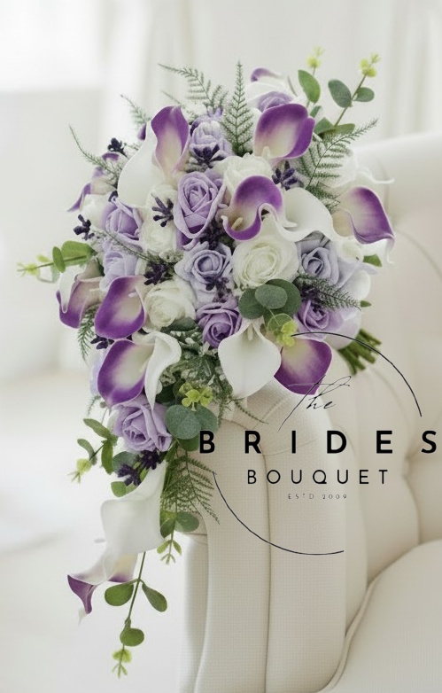 lilac themed bridal tear bouquet of artificial roses and calla lilies florists choice bridal teardrop Florist designed bridal bouquet in the bride's chosen colours