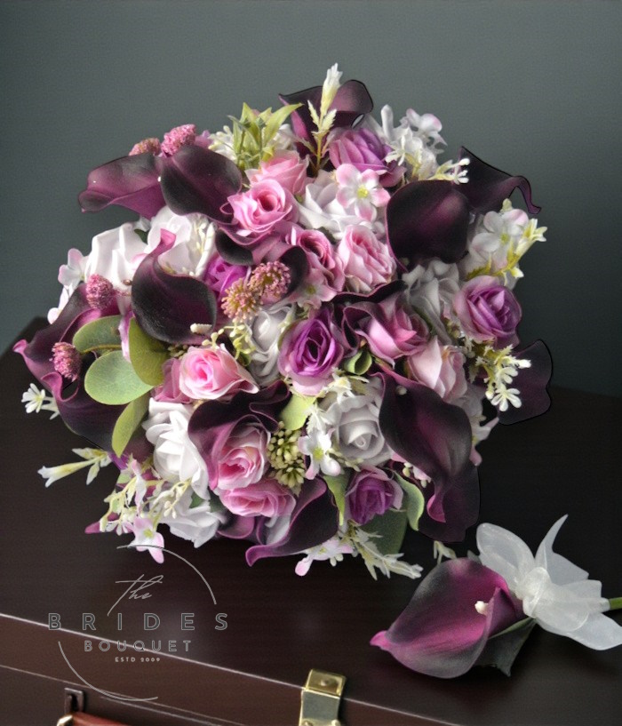 magenta wine dusky pink calla lily and wildflower winter wedding bouquet ready to ship bridal bouquet with matching buttonhole