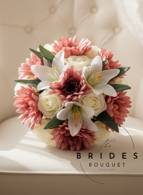 silk gerbera wedding bouquet with easter lily and roses for bridesmaids or bride to be