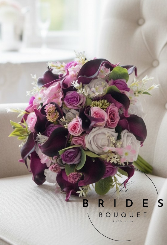 wine and claret silk wedding bouquet ready to ship bridal posy bouquet for bride magenta wine dusky pink calla lily and wildflower winter wedding bouquet ready to ship bridal bouquet with matching buttonhole