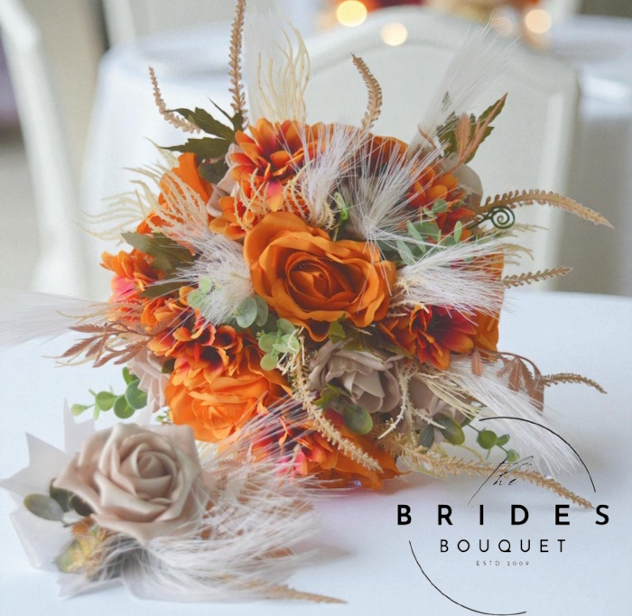 burnt orange silk bridal bouquet with buttonhole modern brides flowers ready to ship with pampas grasses burnt orange silk wedding bouquet prefinsihed brides flowers for weddings