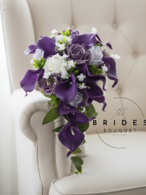 small bridal cascade bouquet roses calla lily baby breath purple lilac example