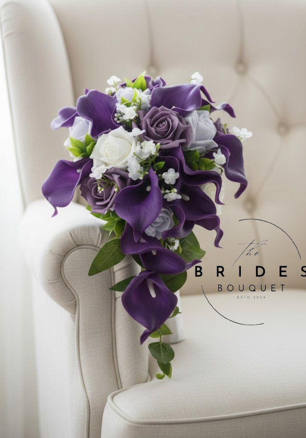 small bridal tear bouquet of real touch calla lily and artificial roses in any colours u wedding flowers small bridal cascade bouquet roses calla lily baby breath purple lilac example