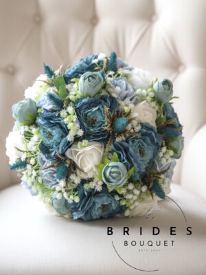 silk bridal wedding bouquet teal brides flowers for weddings ready to ship bride bouquet with ranunculus roses thistles baby breath