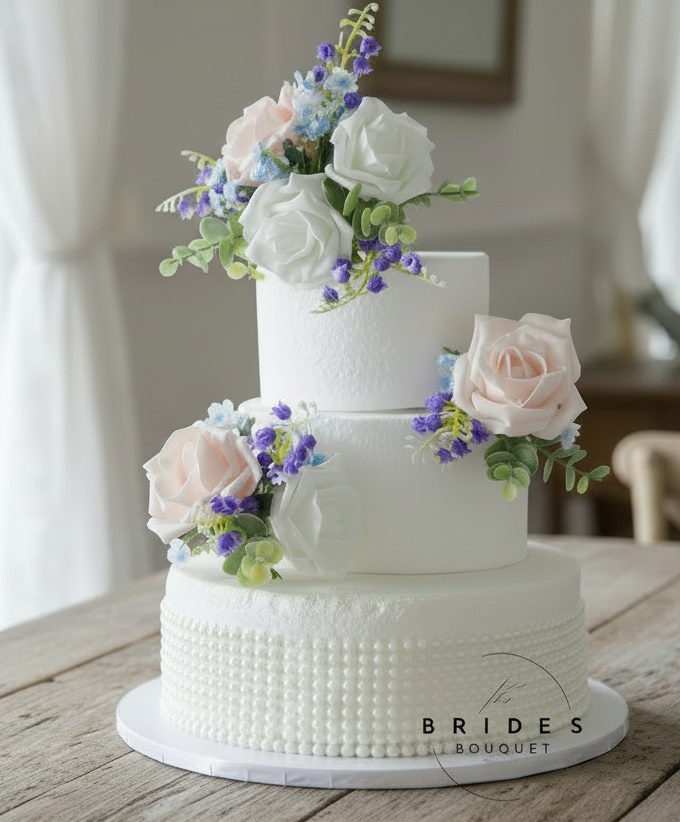 wedding cake flowers with roses and bluebells 3 piece cake topper and spray set