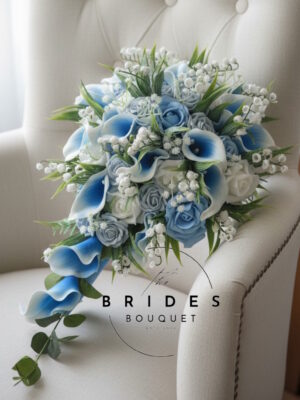 blue picasso calla lily wedding teardrop bouquet lily of the valley light blue roses