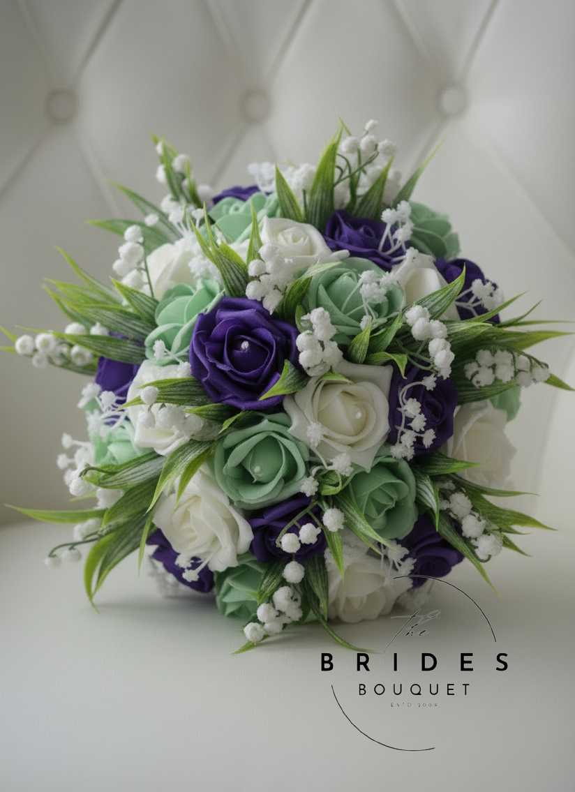 bridal bouquet of artificial roses with lily of the valley and gypsophila example photo shows purple and mint roses