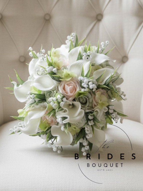 brides hand tie style bouquet of real touch calla lily roses and lily of the valley pink and green version
