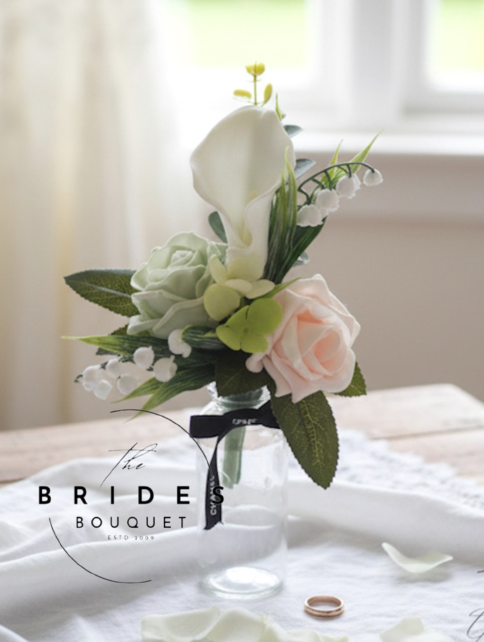 bud vase arrangement of faux flowers for weddings rose calla lily lily valley rose and calla lily bud vase arrangements with green hydrangea and lily of the valley