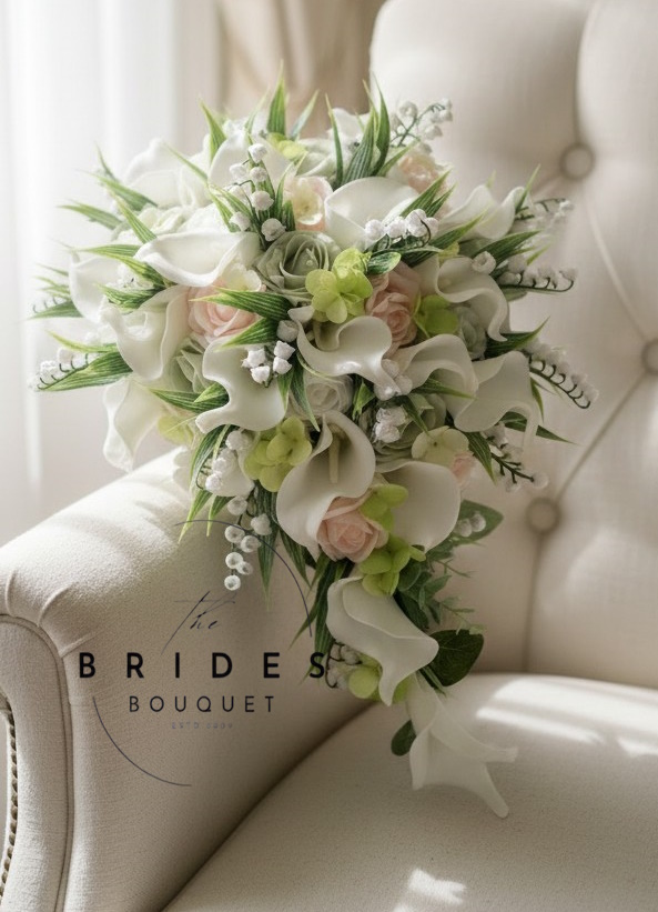 calla lily and rose wedding tear bouquet pink and green roses green hydrangea with lily of the valley artificial