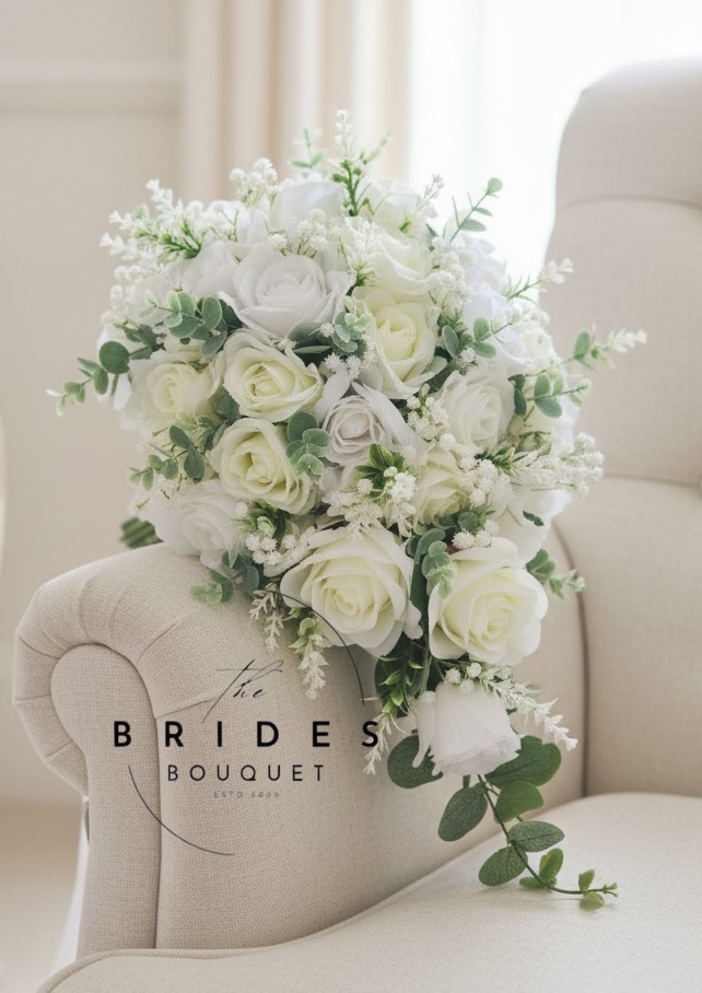 ivory and white silk wedding tear bouquet with lots of foliage and astilbe