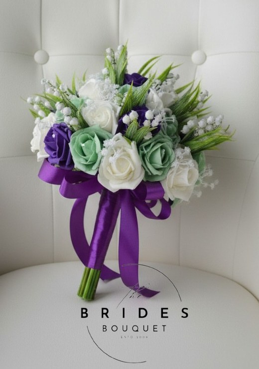 purple and mint rose bridal bouquet with lily of the valley and baby breath artificial wedding flowers uk Artificial wedding bouquet with lily of the valley and roses