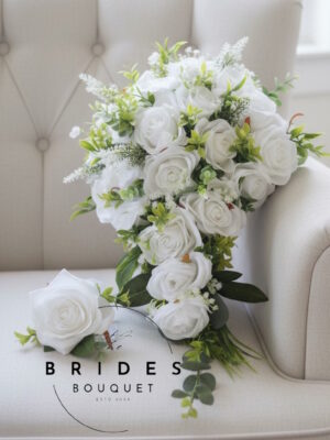 Silk rose wedding bouquet with matching grooms buttonhole in chosen colours