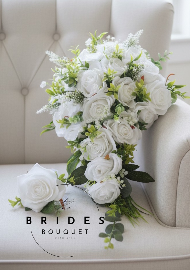 silk rose bridal teardrop wedding bouquet with matching grooms buttonhole artificial cascade set Silk rose wedding bouquet with matching grooms buttonhole in chosen colours