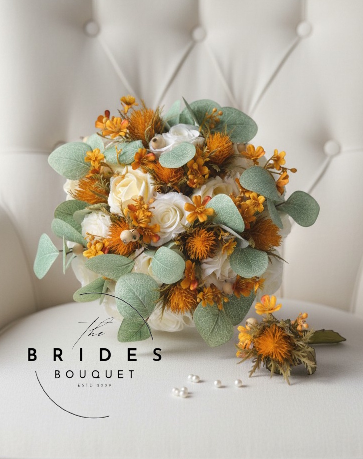 mustard thistle autumn themed orange and ivory silk ready to ship brides bouquet and buttonhole
