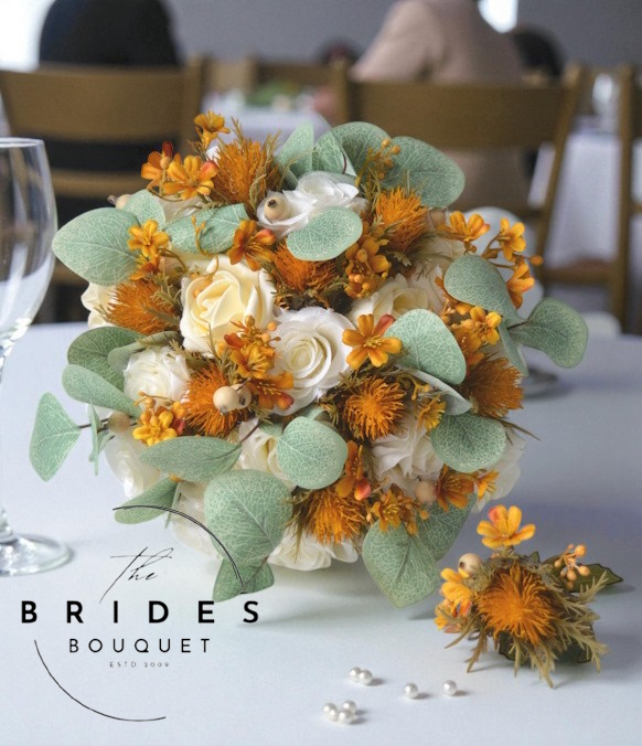 mustard thistle wedding bouquet orange themed ready to ship brides bouquet and buttonhole uk
