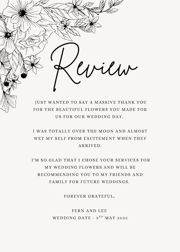 review of wedding flowers for Ferns 2025 wedding day