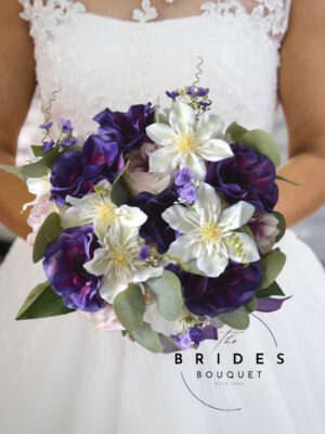 Silk bridal bouquet with purple anemones and ivory rose