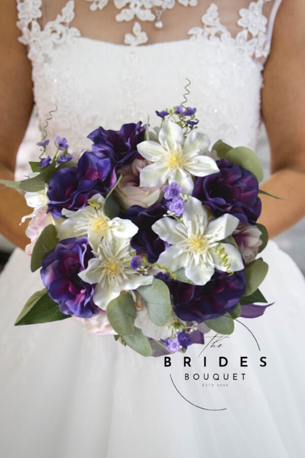 Silk bridal bouquet with purple anemones and ivory rose