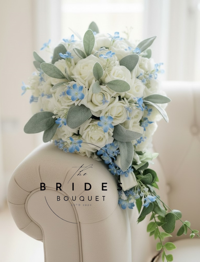 artificial rose and blue forget me not style flowers brides tear bouquets uk wedding cascade