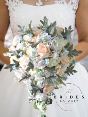 Artificial teardrop wedding bouquet with faux roses forget-me-nots and foliage